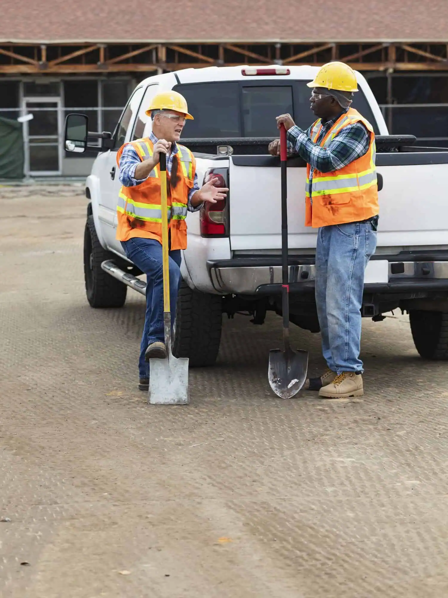Two workers with shovels